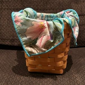 2001 Small Longaberger Basket with Floral Cloth Liner and Plastic Insert.